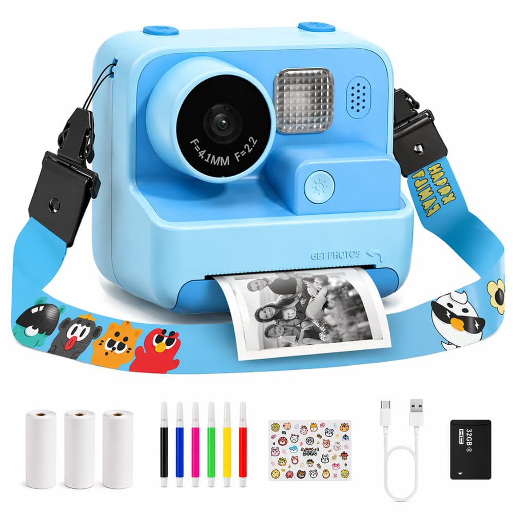Kids Kam The OG Kids Camera Instant Print, 1080P Instant Print Camera for Kids with 32GB Card & 3 Rolls Paper, Selfie Digital Camara, Funny Toys Gifts for Boys & Girls Age 3-12 (Blue)