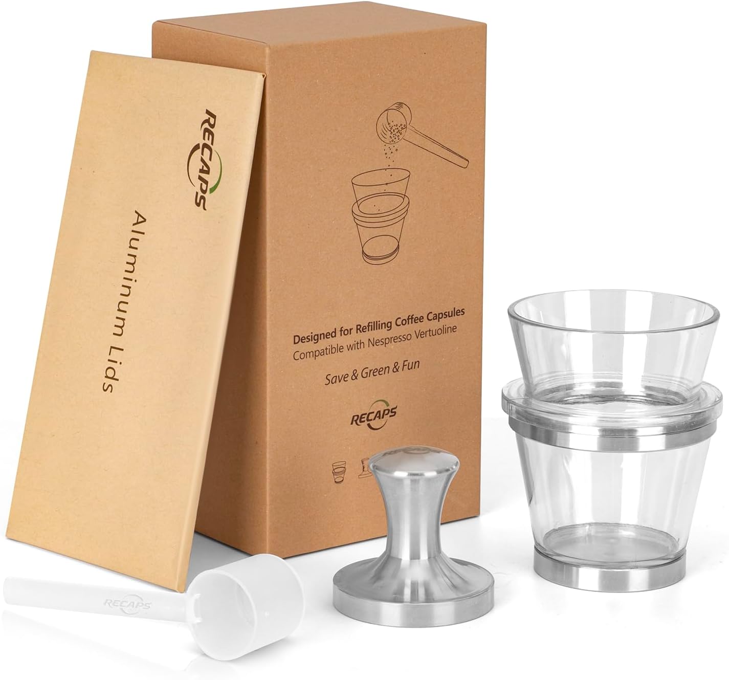 RECAPS Filling Tool Holder Tamper Kit Compatible with Vertuoline Coffee Pods Refill Vertuo Pods Reusable Refillable Coffee Filter(1 Tamper and 1 Holder and 30 Lids)