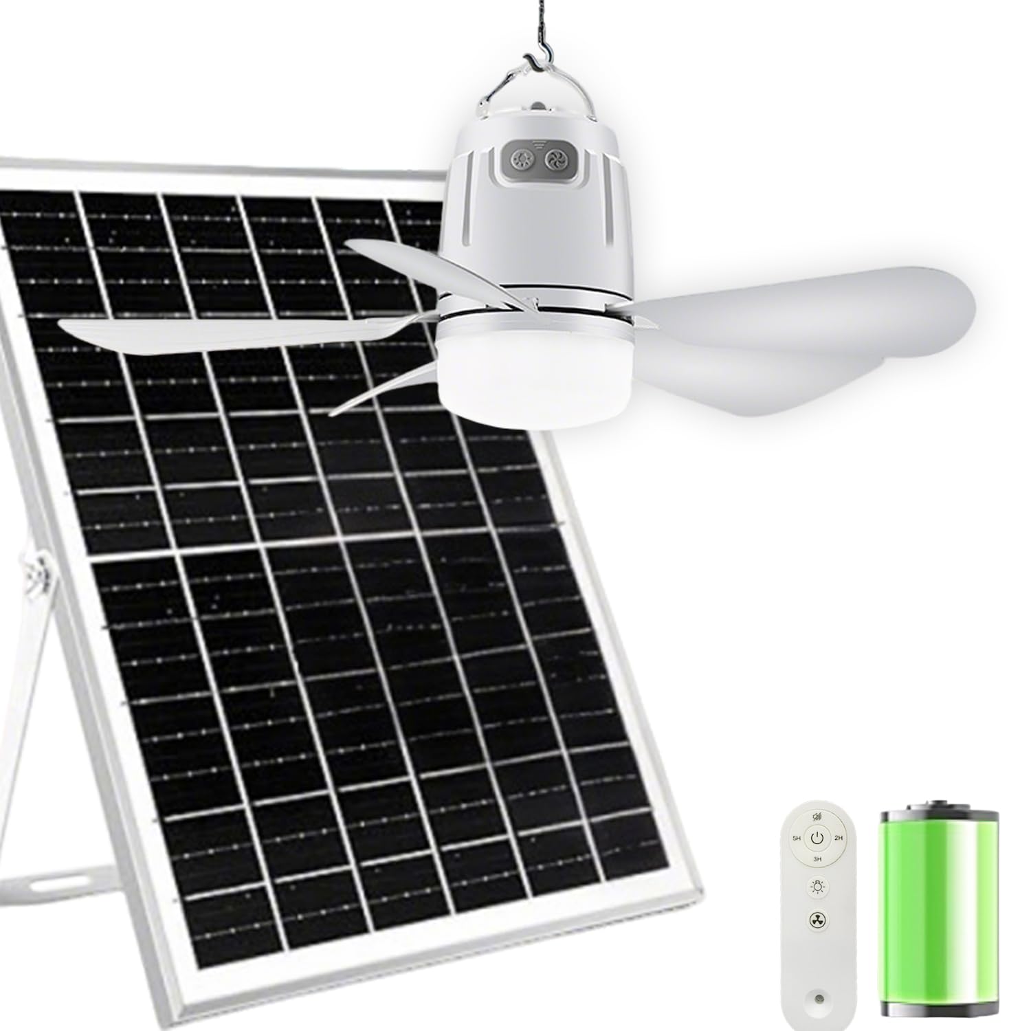 Solar Deckenventilator mit Beleuchtung Akku 20000mAh Ventilator mit Deckenleuchte LED Dimmbar Ventilatorlicht mit Fernbedienung Aufhängehaken Fan Deckenlampe für Terrasse Balkon Schirm Garten Outdoor
