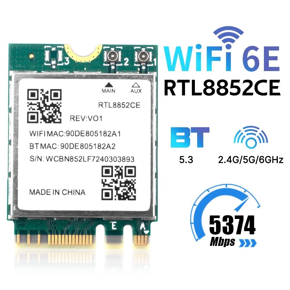 RTL8852CE Carte Wi-Fi 6E, 5374 Mbps Tri-Band 6 GHz/5 GHz/2,4 GHz M.2 NGFF Adaptateur avec Bluetooth 5.3 pour ordinateur portable PC Windows 10/11
