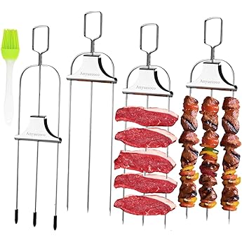 Kabob Skewers for Grilling,4-Pack 14 Inch 3-Prong Skewers for kabobs,Stainless Steel Skewer,With Push Bar Reusable Metal Skewer,Kabob Sticks,Perfect For Meat,Chicken,Sausages,Veggies,shrimp