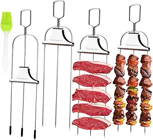 Skewers for kabobs,4-PCS 14 Inch 3-Prong Kabob Skewers for Grilling,Stainless Steel Skewer,With Push Bar Reusable Metal Skewer,Kabob Sticks,Perfect For Meat,Chicken,Sausages,Veggies,shrimp