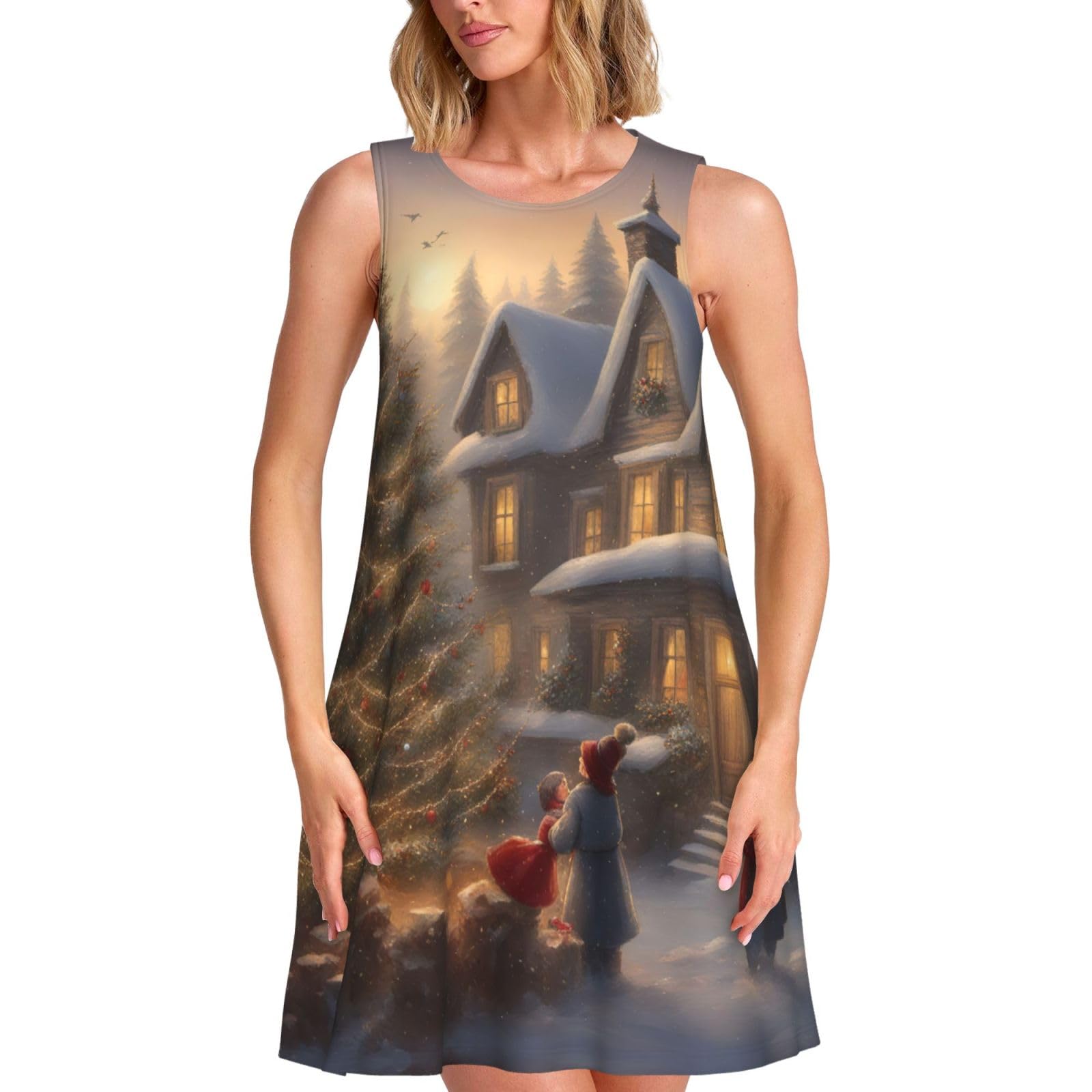 YQTGBCED Merry Christmas Print Stylish Knee-Length Sundress with Pockets,for Beach Vacation and Everyday Wear Black