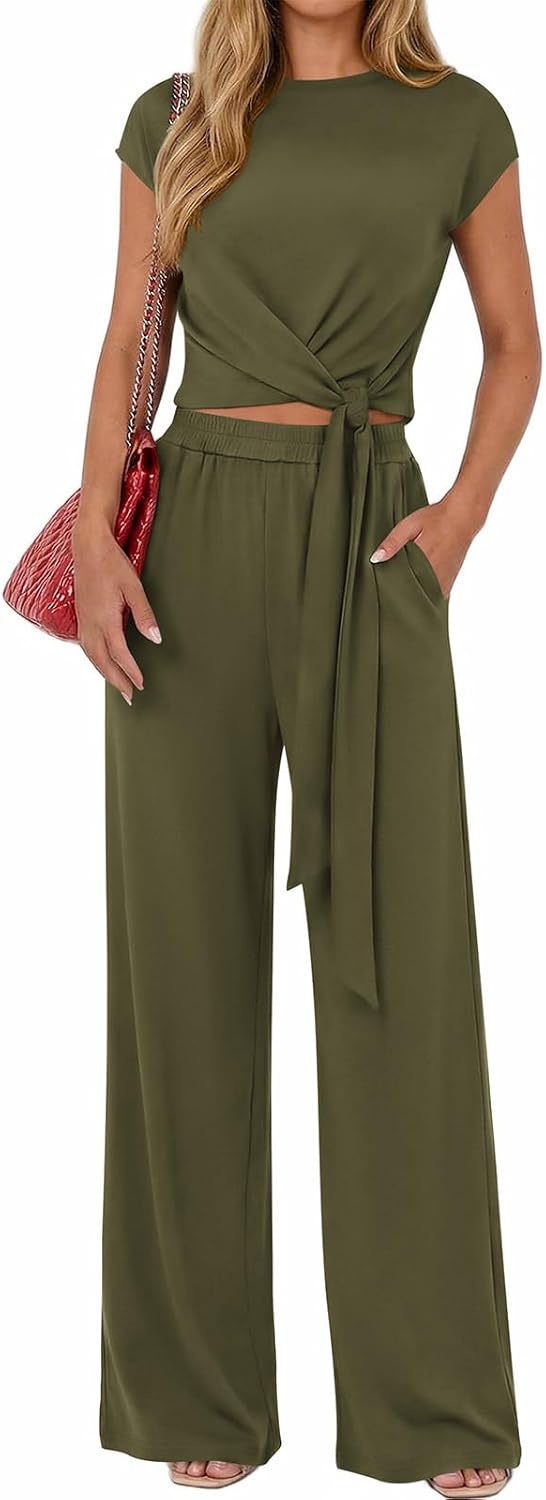 PRETTYGARDEN 2 Piece Lounge Sets For Women 2026 Summer Casual Outfits Cap Sleeve Belted Crop Tops Wide Palazzo Leg Pants