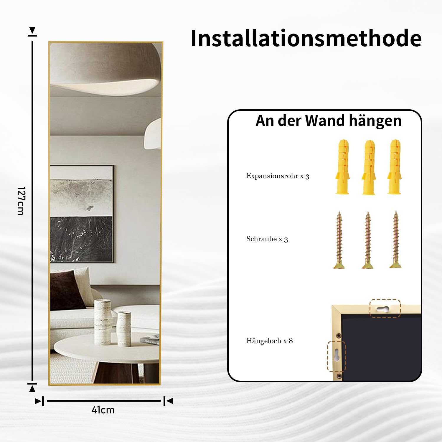 Koonmi Espejo de cuerpo entero, Espejo de pared de 41x127cm con 2 ganchos colgantes ajustables en altura, Espejo colgante con marco de aleación de aluminio para vestidor y dormitorio, Negro
