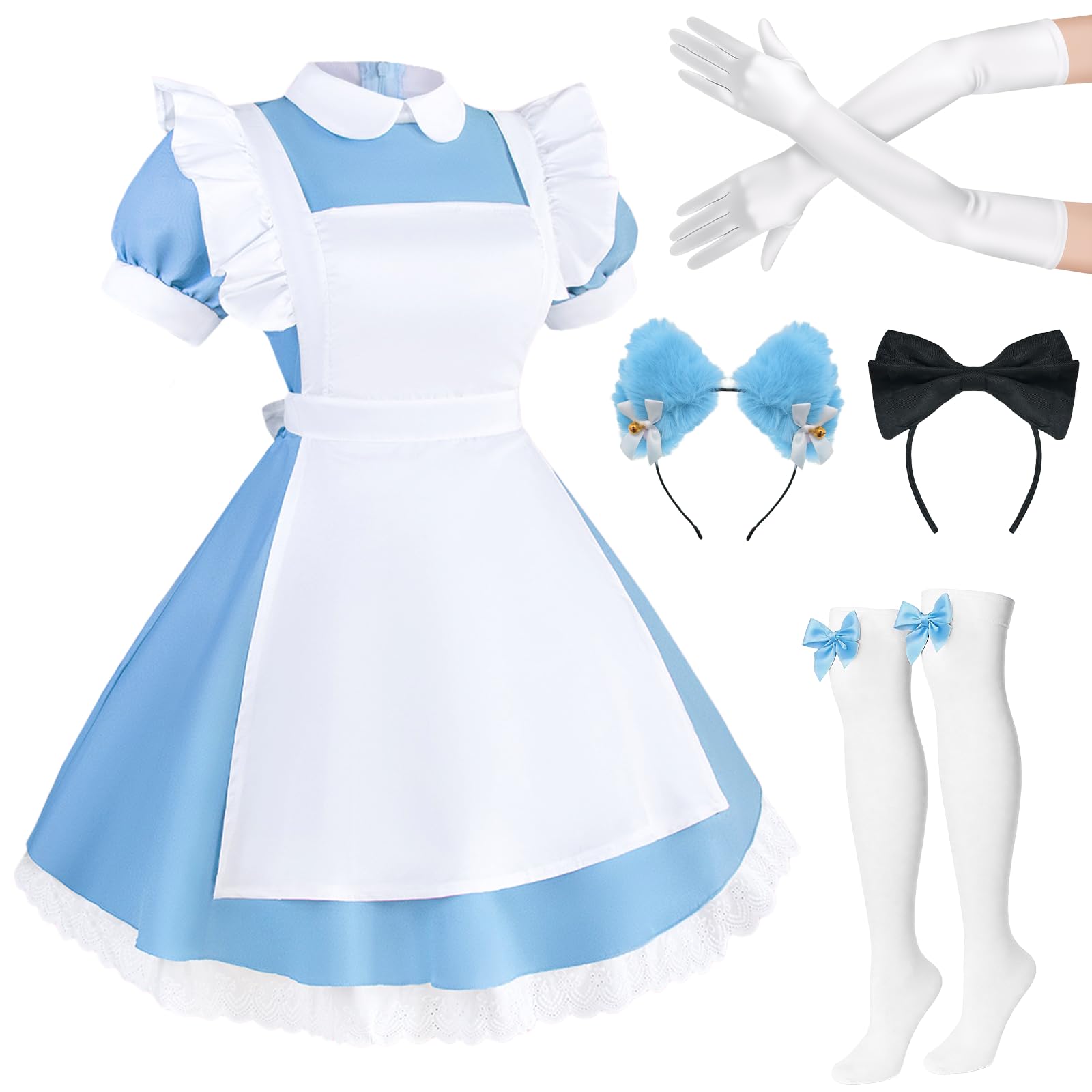Kyndara 5Pcs Alice Costume for Women, Maid Apron Fancy Dress Set with Headband Socks Gloves for Adults Girls Halloween Carnival World Book Day Cosplay