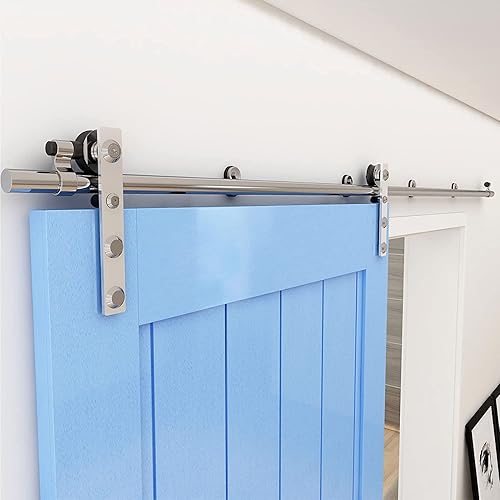 Kit de herrajes para puerta corrediza de granero de acero inoxidable de 4 pies resistente para puerta de madera individual (gancho de forma plana)