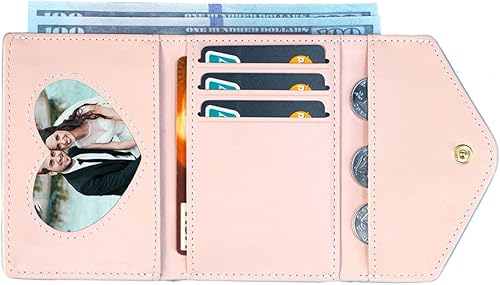 Miniatura 4 de SUMGOGO Billetera pequeña para mujer, diseño de oso de dibujos animados, tríptico, pequeña, delgada, para tarjetas cortas, 1-Rosa, Lindo, tríptico,