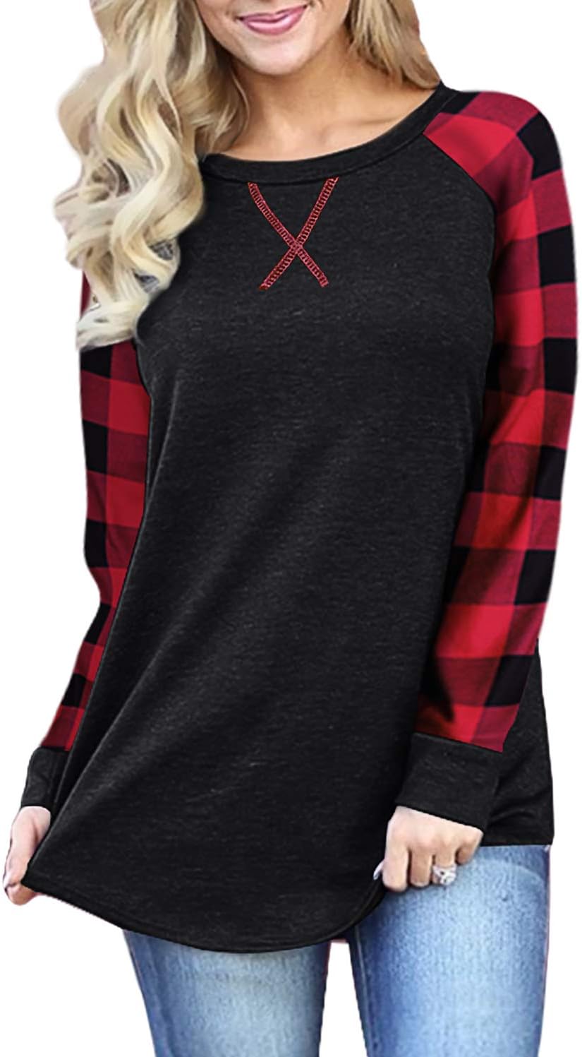 Womens Long Sleeve Buffalo Plaid Shirt Loose Fitting Patchwork Raglan Check Tops