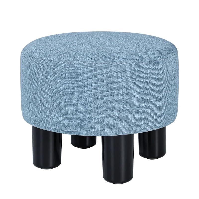 Image of Flannel Small Footstool Puffy Round Ottoman for Footrest, Modern Rectangle Step Stool Extra Seating with Non-Skid Plastic Legs for Living Room, Couch, Entryway Color Light Blue