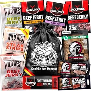 Bier Geschenke für Männer - Geschenkset Männer mit Beef Jerky im Jutebeutel – Biergeschenke für Männer, Präsentkorb für Männer, Männer Geschenke Geburtstag Mann, Weihnachten Geschenk Papa Freund Opa