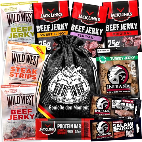 Bier Geschenke für Männer - Geschenkset Männer mit Beef Jerky im Jutebeutel Biergeschenke für Männer Präsentkorb für Männer Männer Geschenke Geburtstag Mann Weihnachten Geschenk Papa Freund Opa