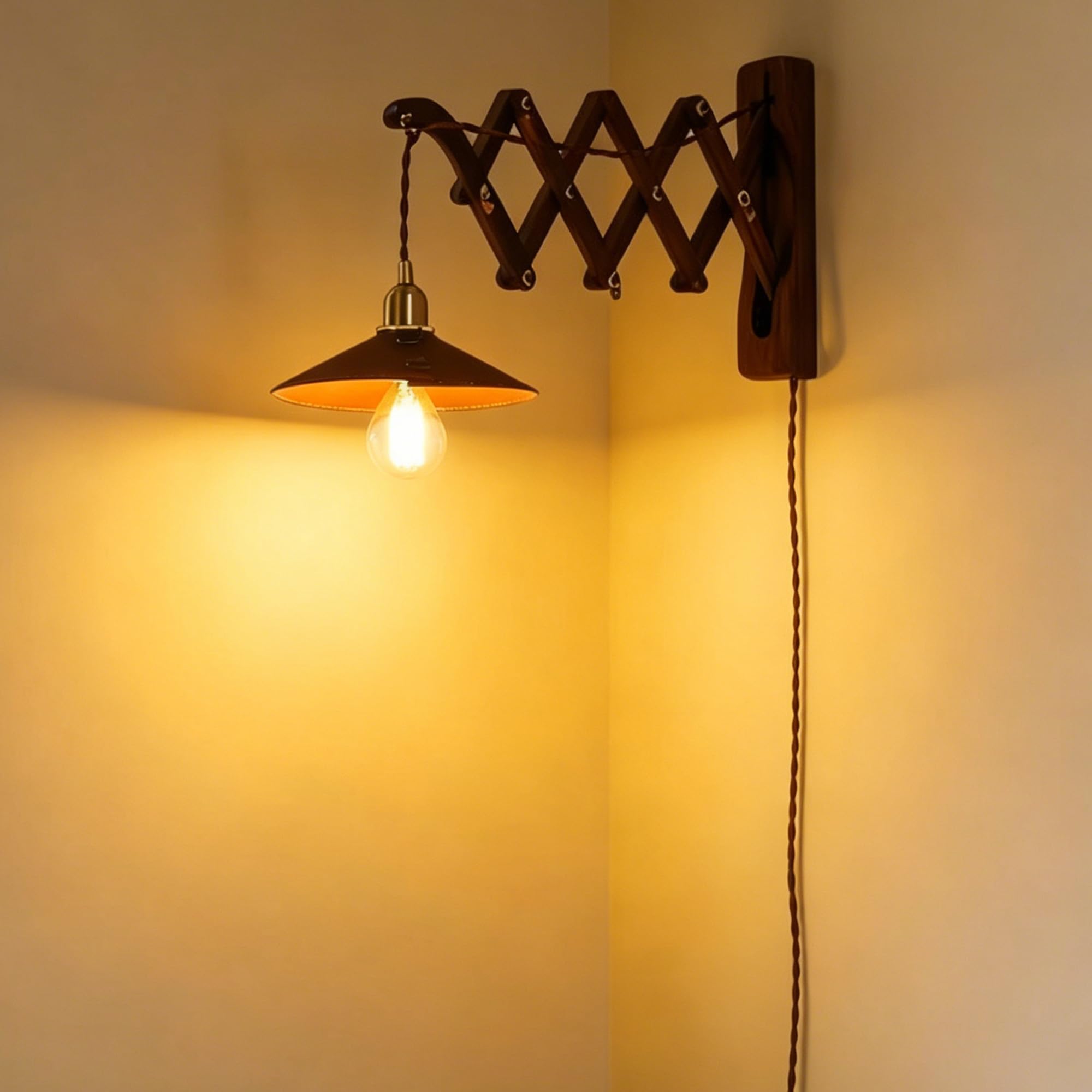 OOWOKS Applique in Legno con Interruttore Lampada a Forbice Estensibile E27 | Applique da Interno in Stile Vintage Country Braccio Regolabile Lampada da Parete con Cavo Flessibile Lampada da Comodino