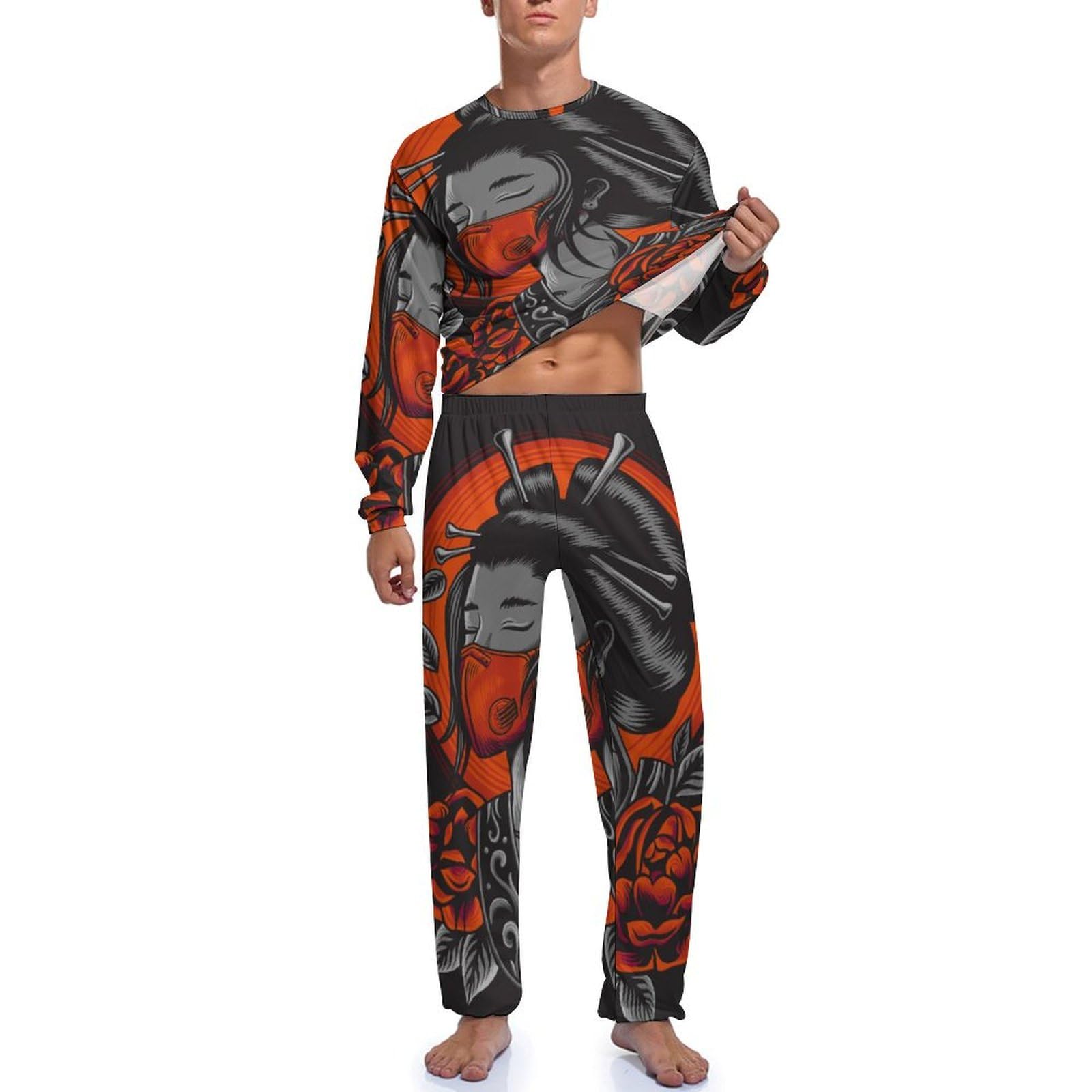 Japanisches Mädchen Herren Schlafanzug Lang Pyjama Set Nightwear Langarm Nachtwäsche Sleepwear