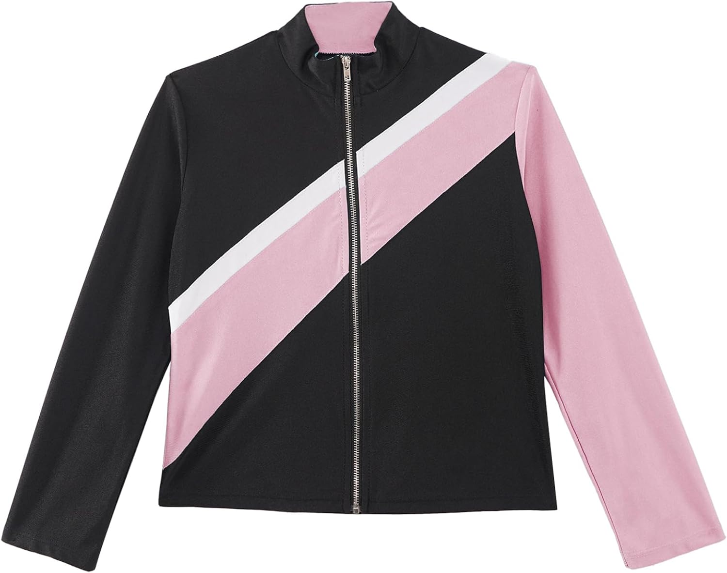 Jugaoge Kids Girls Figure Skating Jacket Outerwear Long Sleeve Full Zip Striped Ice Skating Sports Jacket