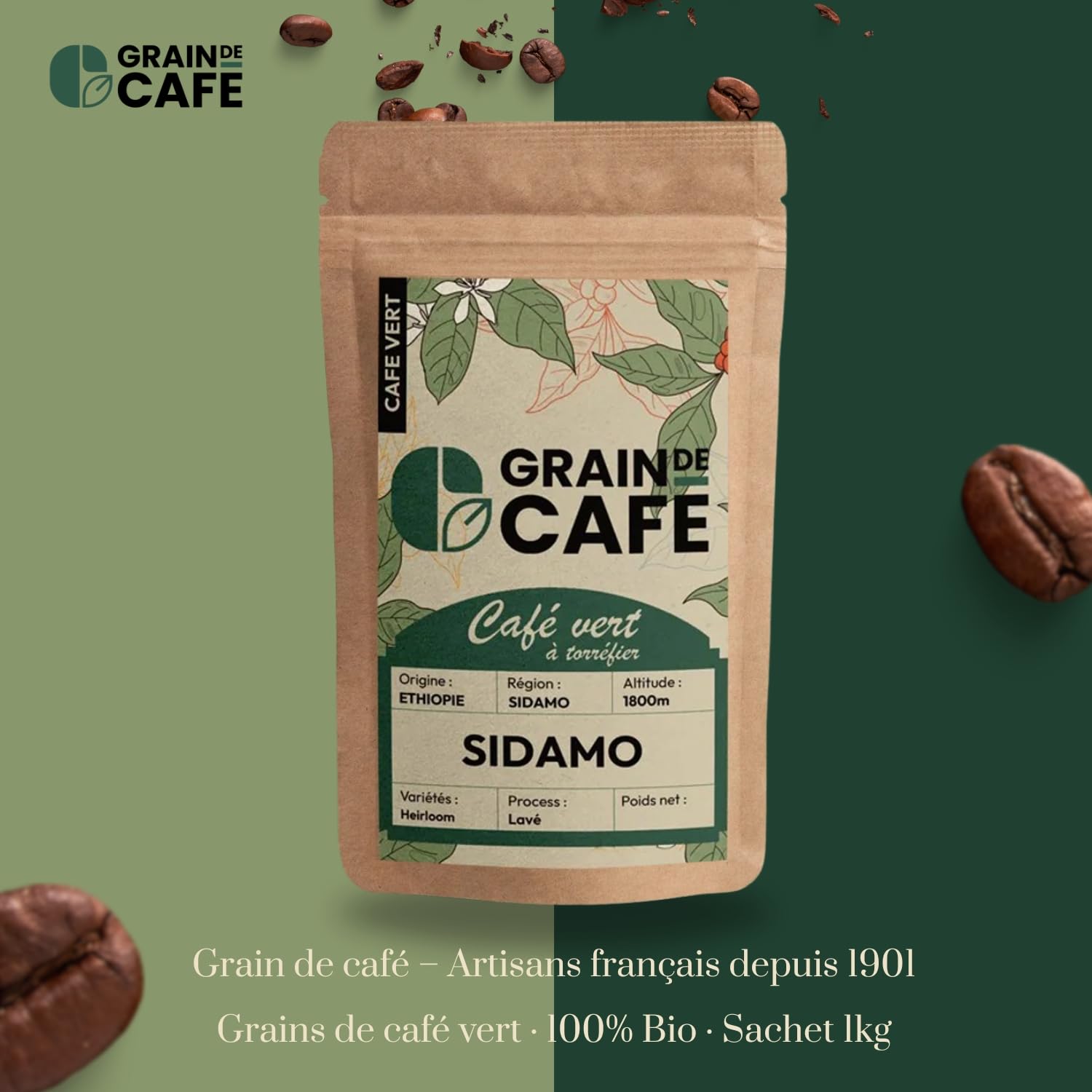 Graindecafé – Café Vert Éthiopie Moka Sidamo 1kg | 100% Arabica Lavé Non Torréfié | Café De Terroir Floral Et Citronné | À Torréfier Soi-Même | Idéal Machine À Grain Une Fois Torréfié