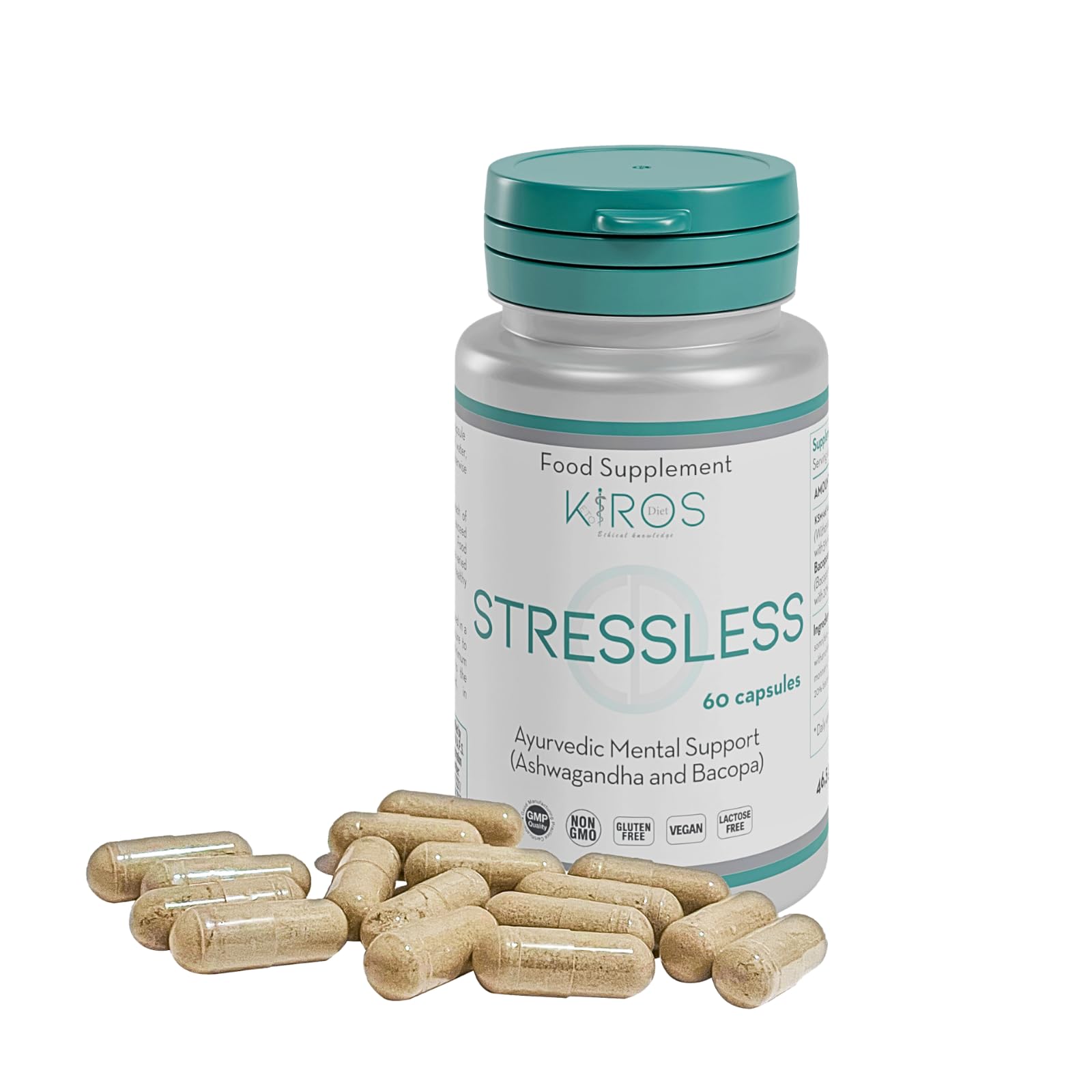 KIROS STRESSLESS – Ashwagandha KSM-66® 600 mg con Bacopa Monnieri – Integratore per Stress, Concentrazione, Memoria ed Equilibrio Mentale – 60 Capsule Vegane, Senza Glutine e Senza Lattosio