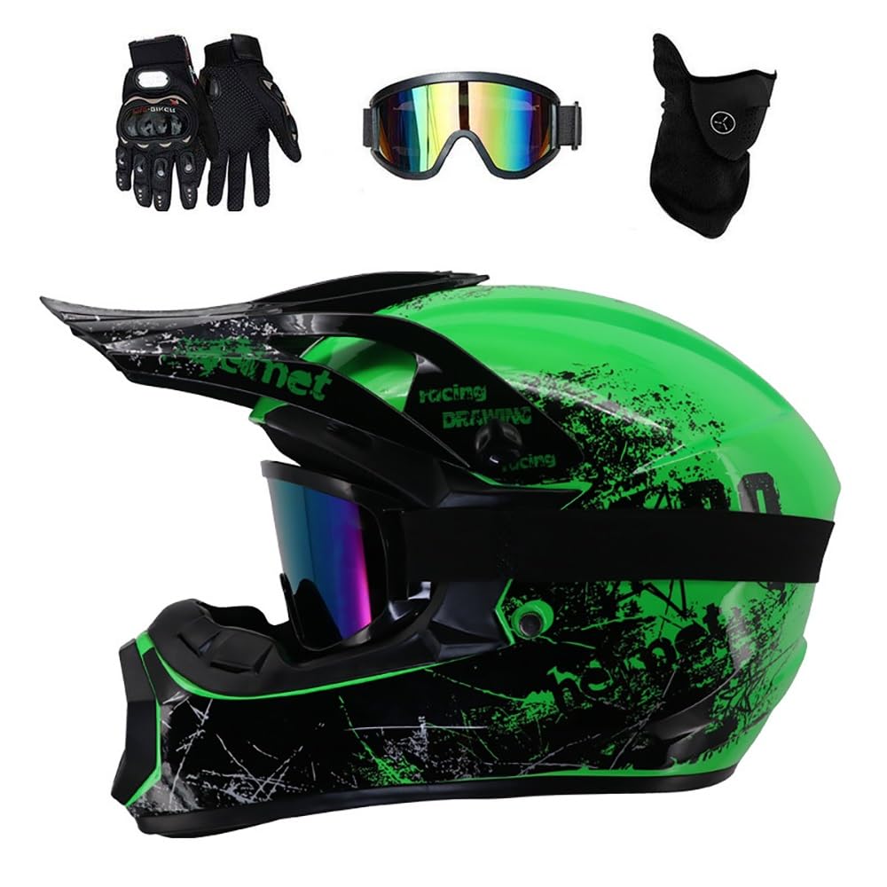 Dual Sport MTB Motocross Helmet, with Goggles Gloves Mask, Unisex Youth Full Face Off Road ATV Scooter Motorbike Helmet, Downhill Enduro Racing BMX Dirt Bike Crash Helmets(Black,XL/59-60CM)