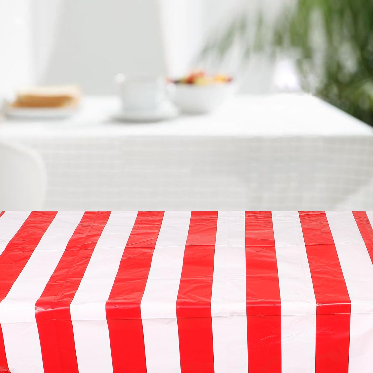 Red and White Striped Circus Theme Tablecloth 137x274cm, Decorative Party Table Cover for Carnival and Birthday Celebrations, Plastic Reusable Rectangle Tablecloth for Event