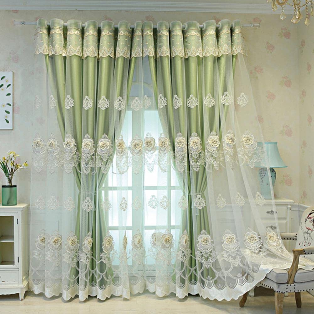 Rideaux brodés anti vis-à-vis vert double couche 300 cm x 250 cm