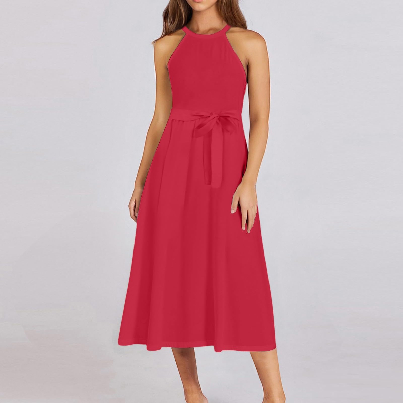 Robe Tunique Madame Respirant Été Une Ligne Robe Uni Loungewear Boheme Gilet Ceintur Robe Femme Polyester Fit Col Licou