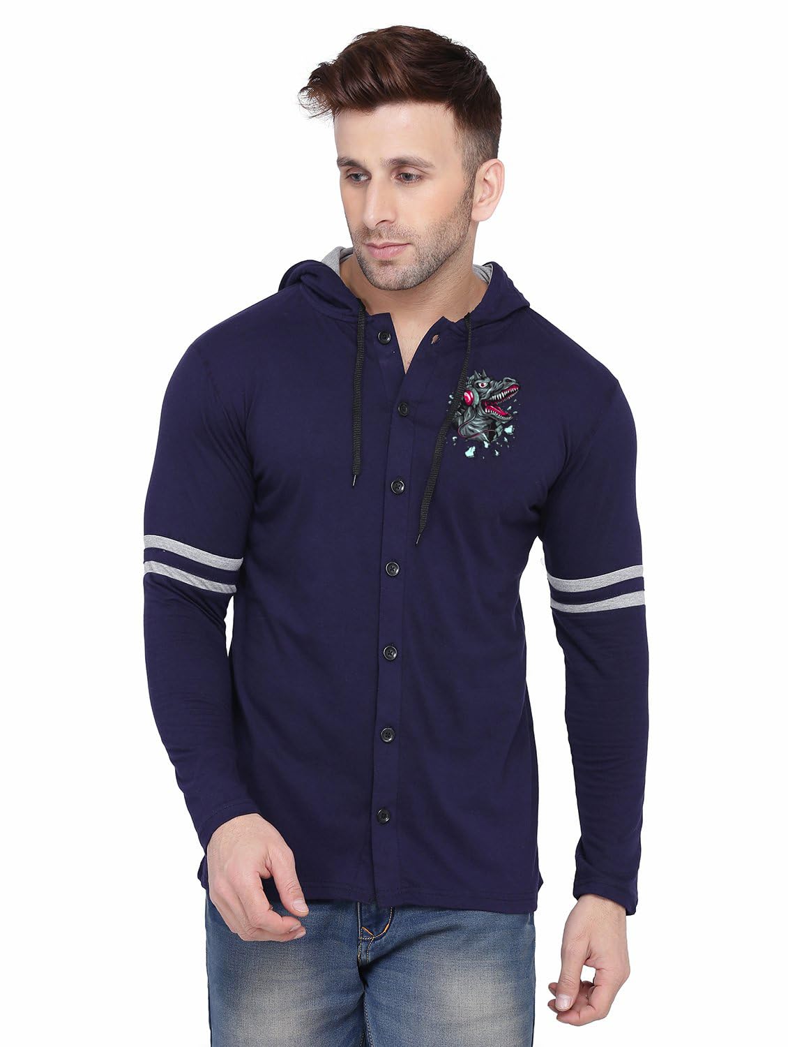 Men's Full Sleeve Hooded T-Shirt with Button Closure & Contrast Striped Sleeves | Stylish Cotton Blend Hoodie for Casual & Sportswear-picture-19