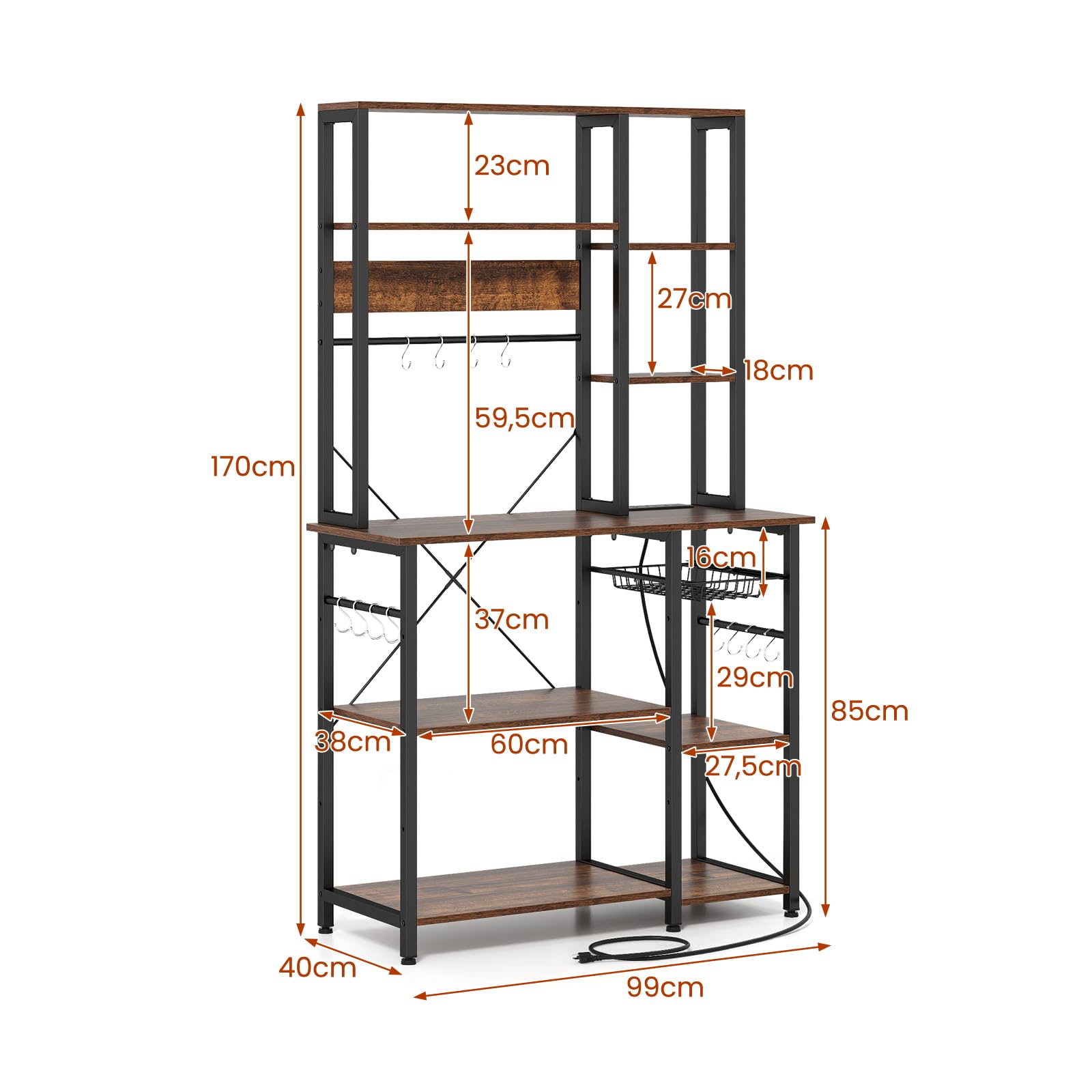 GIANTEX Estantería de Cocina con Estación de Carga, Soporte para Microondas con 12 Ganchos en S, Estantes Abiertos y Cesta de Malla, 99 x 40 x 170 cm, Mueble Auxiliar para Comedor, Salón