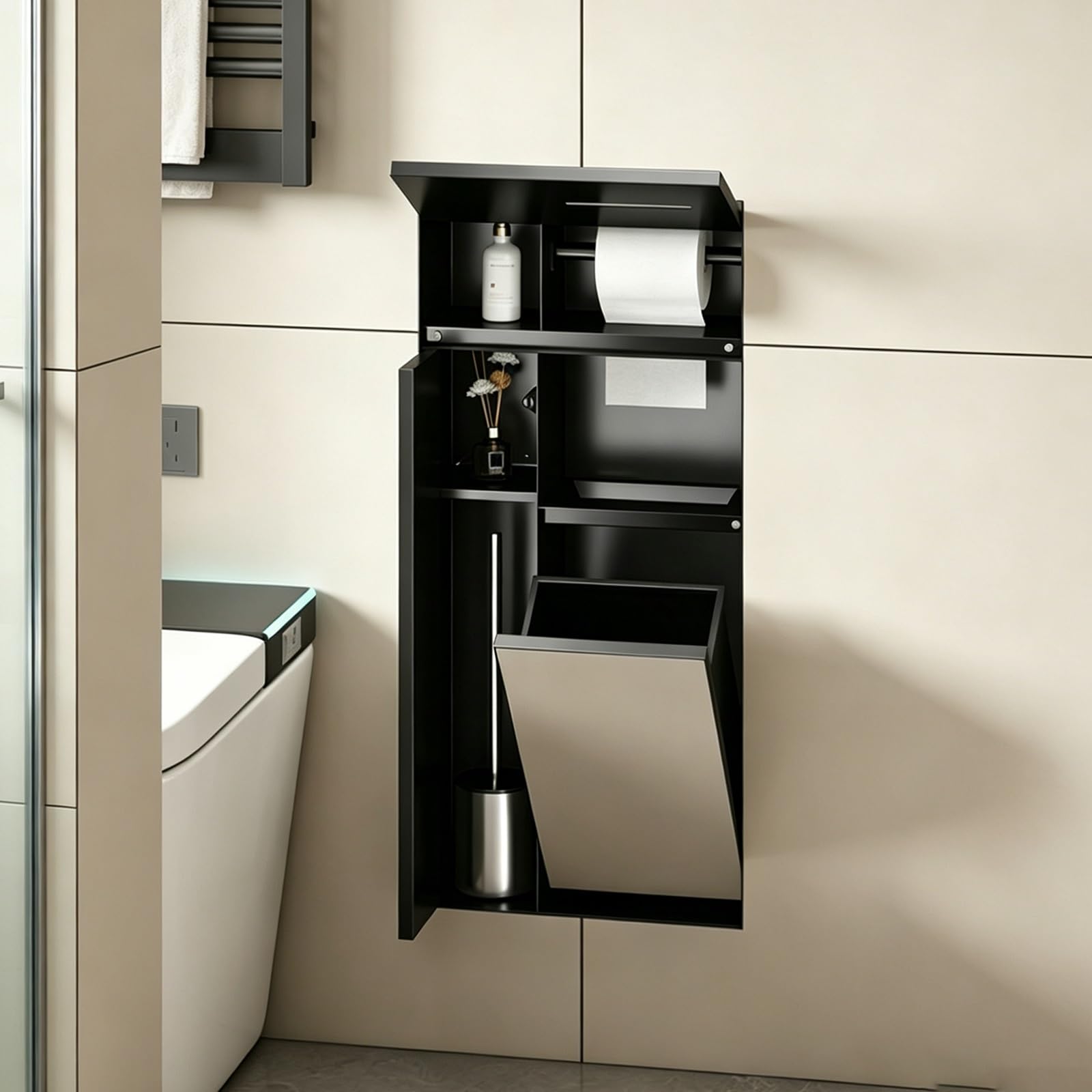 Porta carta igienica 4 in 1 in acciaio inox da parete, con cestino e scopino, salvaspazio, con mensola, design elegante da incasso, 70,5 x 32,5 x 12,5 cm