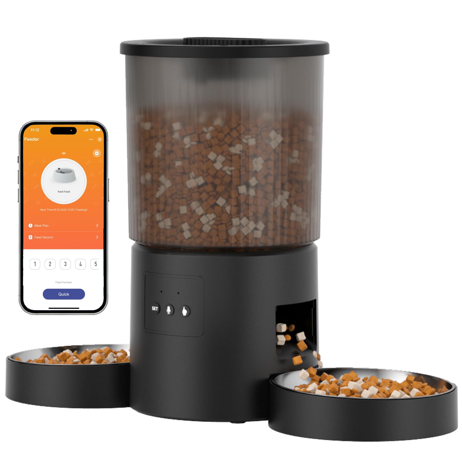 Automatic Cat Feeder, 2.4GHz WiFi Automatic Dog Food Dispenser, Fresh Protection, 4L Timer Feeder, Personalized Recording 10 Seconds, Easy to Clean, Stainless Steel Bowl (Double/Black)