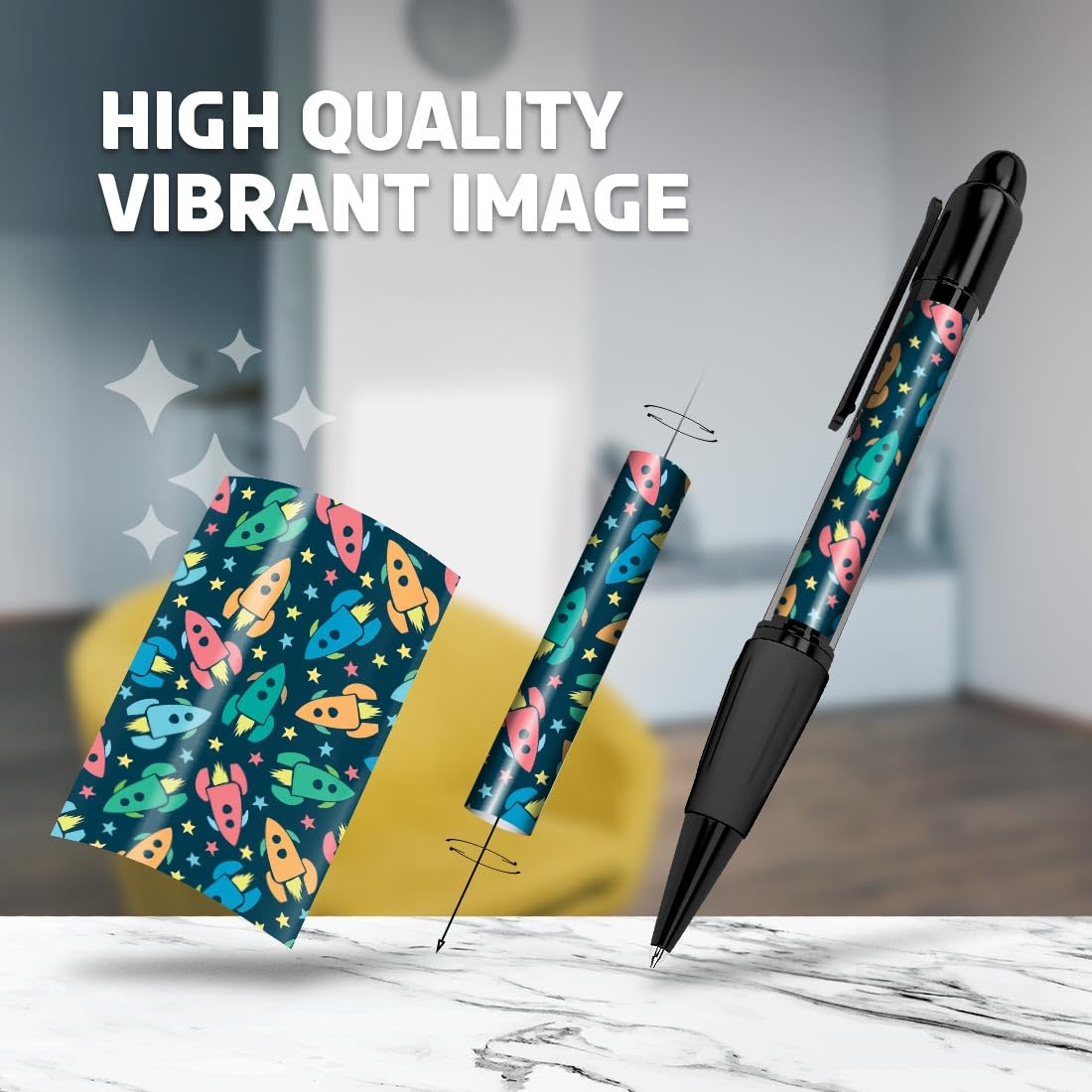Set of 4 Black Ballpoint Pens (Photo Insert) - Space Rocket Stars Universe Kids Boys - Soft Feel Finger Grip #170877 - Image 2