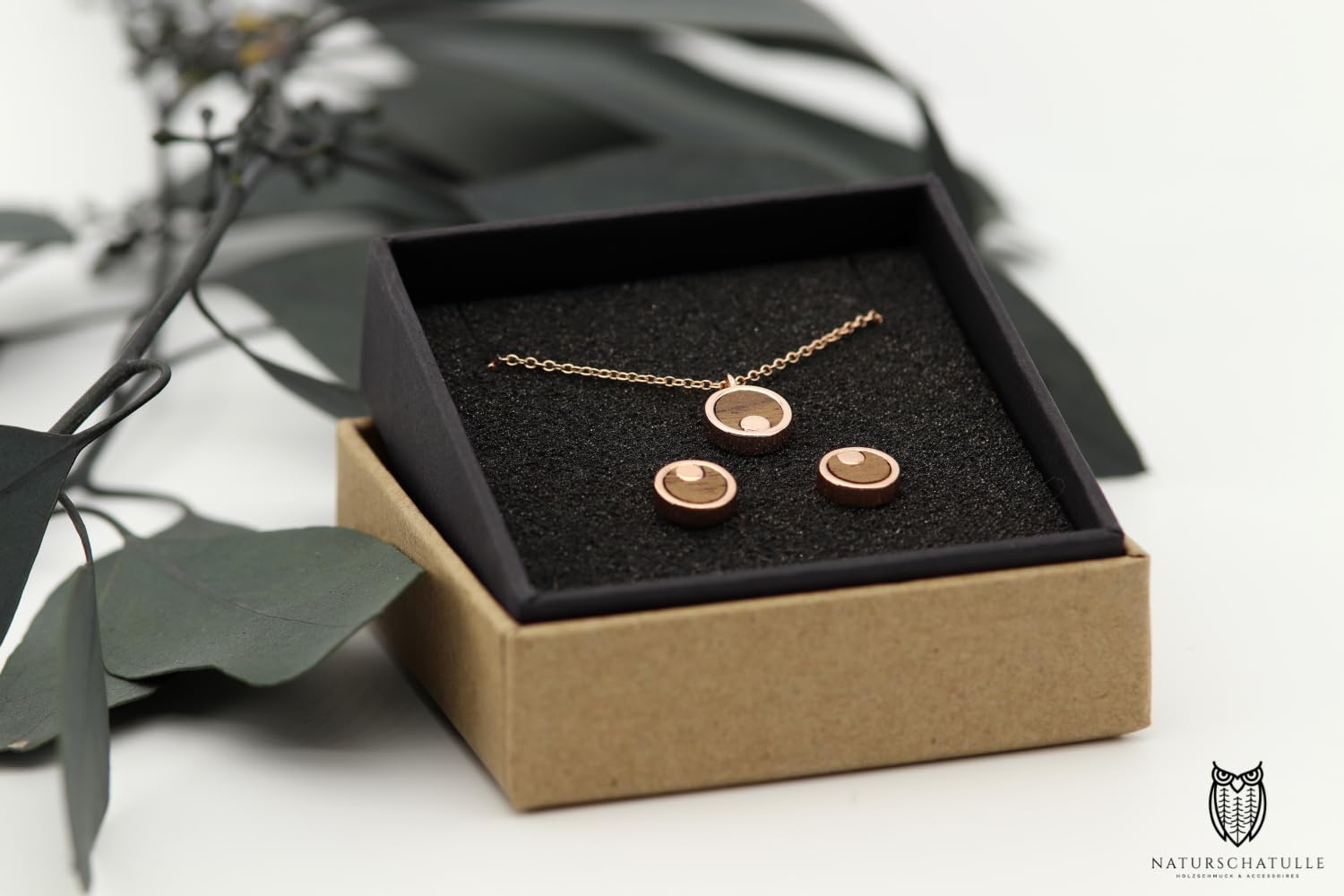 NaturSchatulle Holzschmuck Set Ohrringe Halskette Moonshine 9mm Damen Holzohrringe 925 Silber Rosegold Nussbaum Holz Ohrstecker Schmuck