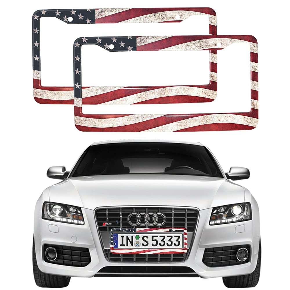 OuYteu 2 Pack Universal US License Plate Frames, Retro American Flag Lcense Plate Frame Personalized, High-Strength Aluminum Alloy License Plate Holder with Screw Caps, 2 Holes 6.3X 12 in