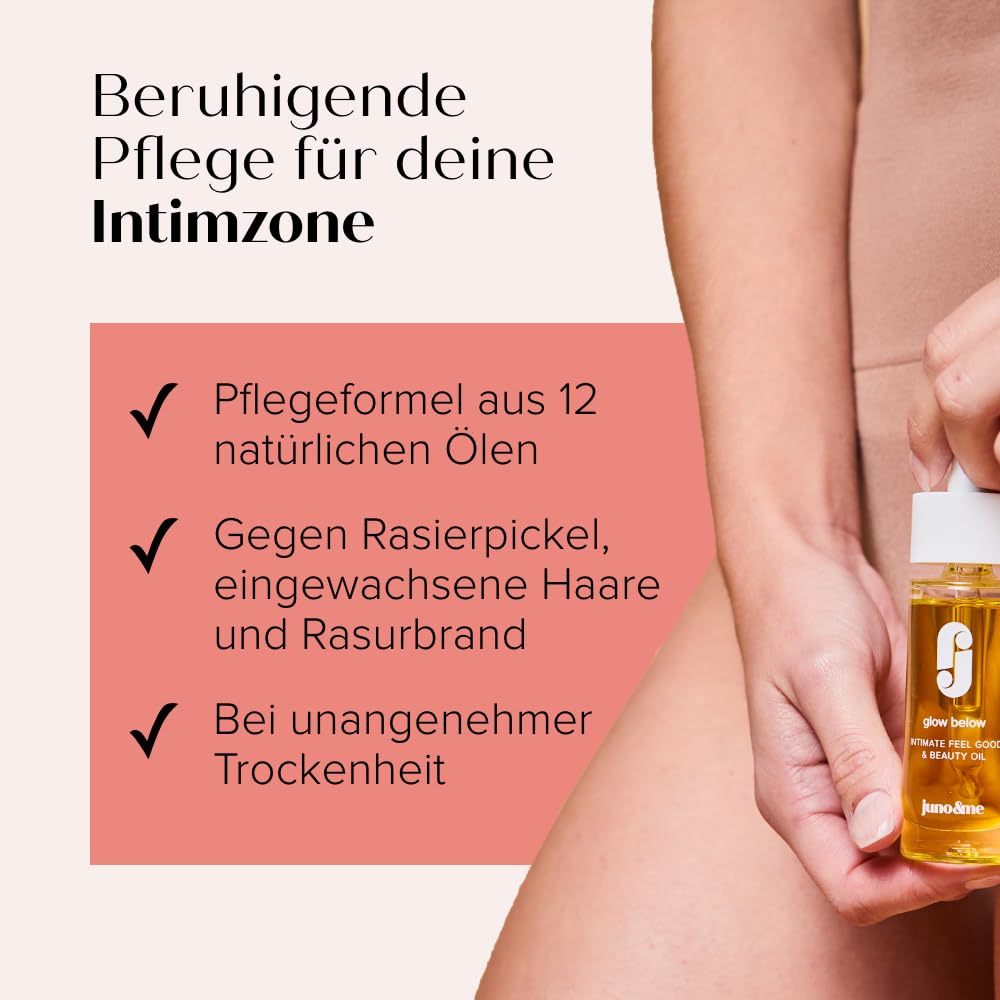 juno & me – Intimate Feel Good & Beauty Oil: After Shave Öl für Intimzone nach Rasur - mit 12 hochwertigen Ölen & Aloe Vera - bei Trockenheitsgefühl im Intimbereich - vegane Intimpflege Damen - 30ml