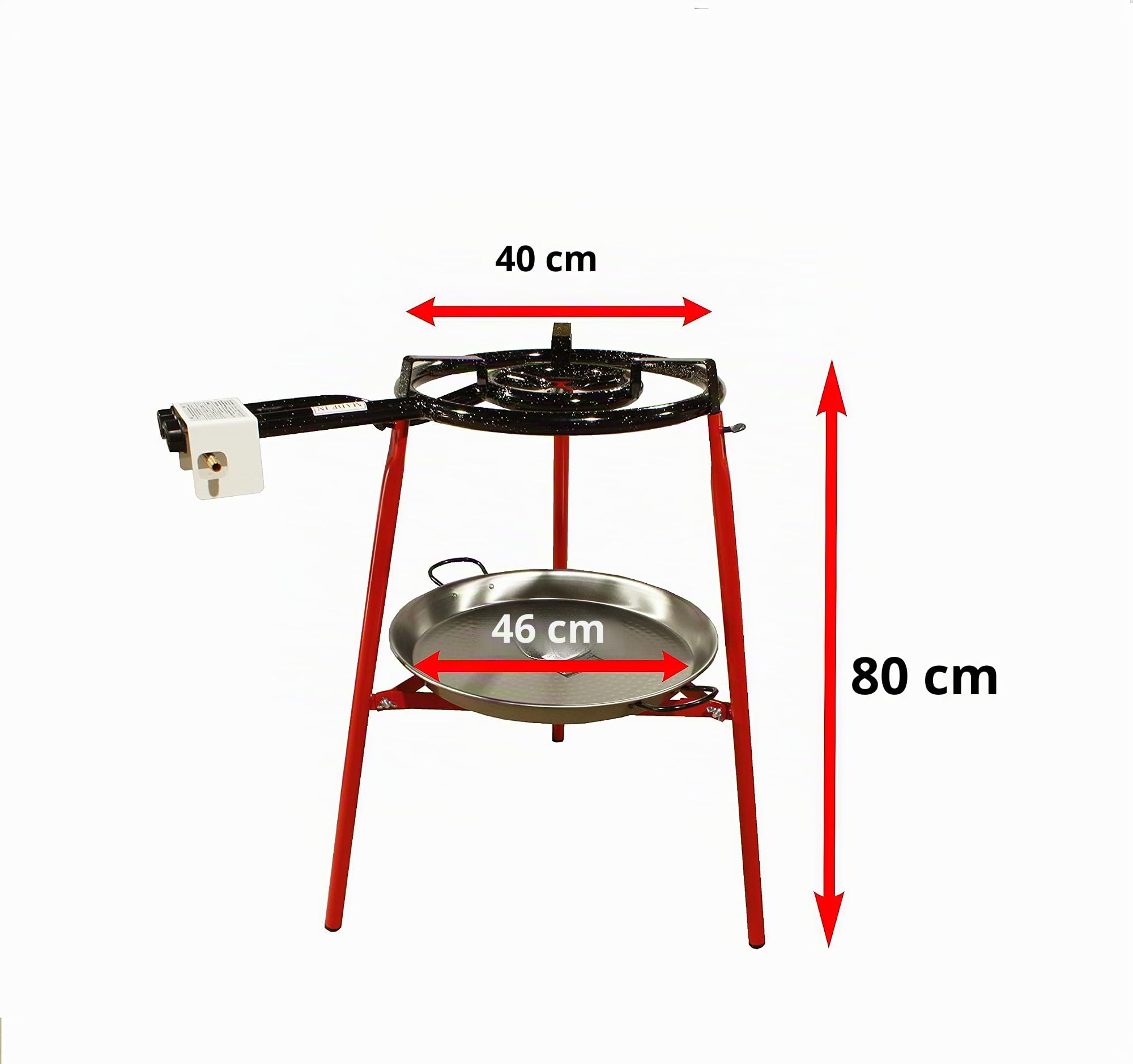 FERRETERIA LEPANTO Kit Paellero 40 cm Gas butano, paellera acero pulido de 46 cm, regulador de Gas + 1,5 metros de Manguera, soporte de 3 Patas reforzadas,