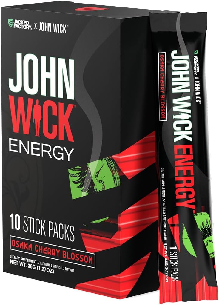 Jacked Factory X John Wick – John Wick Energy Stick Packs – Relentless Energy, Focus, and Determination – 10 Stick Packs, Osaka Cherry Blossom