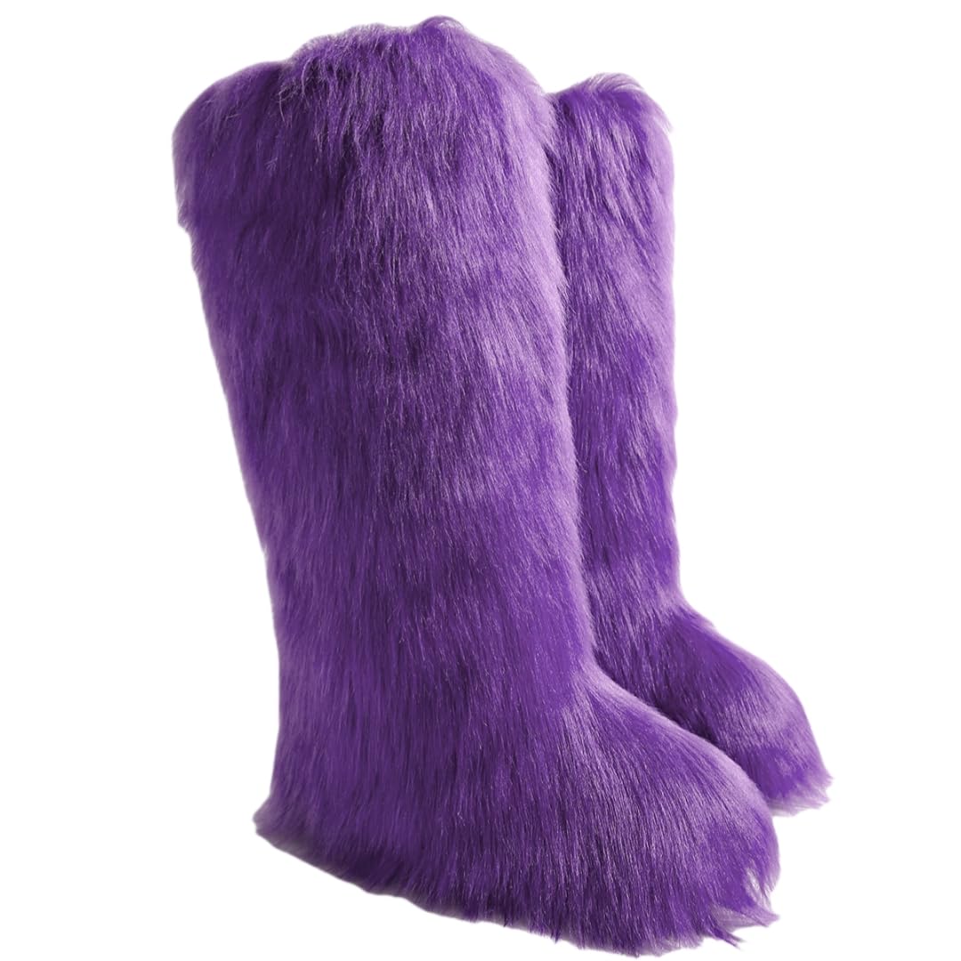 Womens Winter Furry Fluffy Warm Faux Fur Long Snow Boots Fuzzy Cozy Knee High Boots