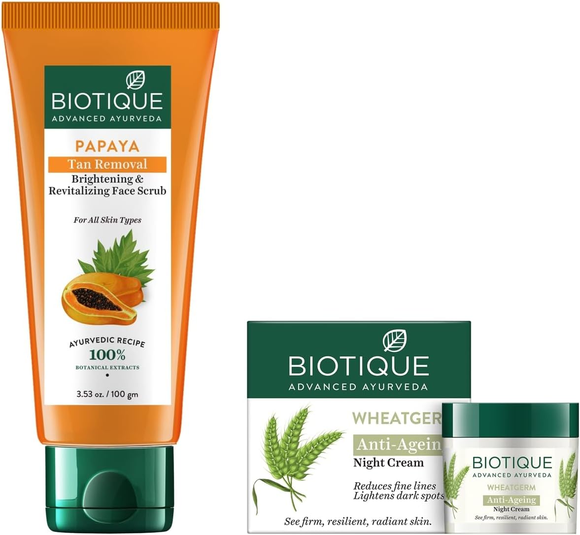 Biotique Bio Papaya Revitalizing Tan-Removal Scrub, 100g & Wheat Germ Firming Fac & Body Night Cream For Normal To Dry Skin, 50g