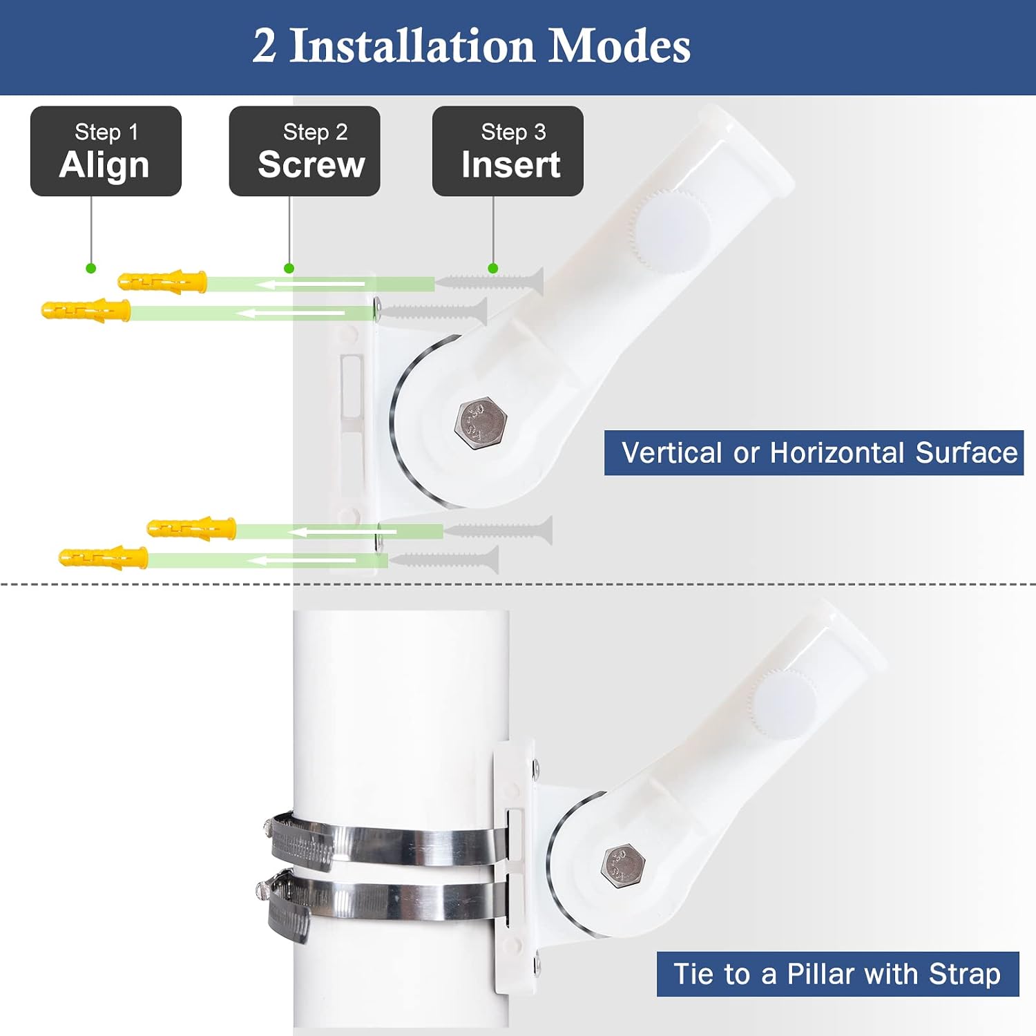 NQ Flag Pole Holder Adjustable, Flag Pole Bracket for Outside House Heavy Duty Aluminum, Multi-Position Flag Pole Mounting Bracket Rust Free with Hardwares, 1" Inner Diameter (White- 1 Pack) image 4