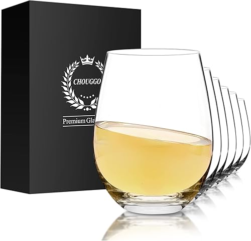 Chouggo Juego de 6 copas de vino sin tallo, sopladas a mano de primera calidad, copas de vino tinto o blanco de 18 onzas, hechas a mano por