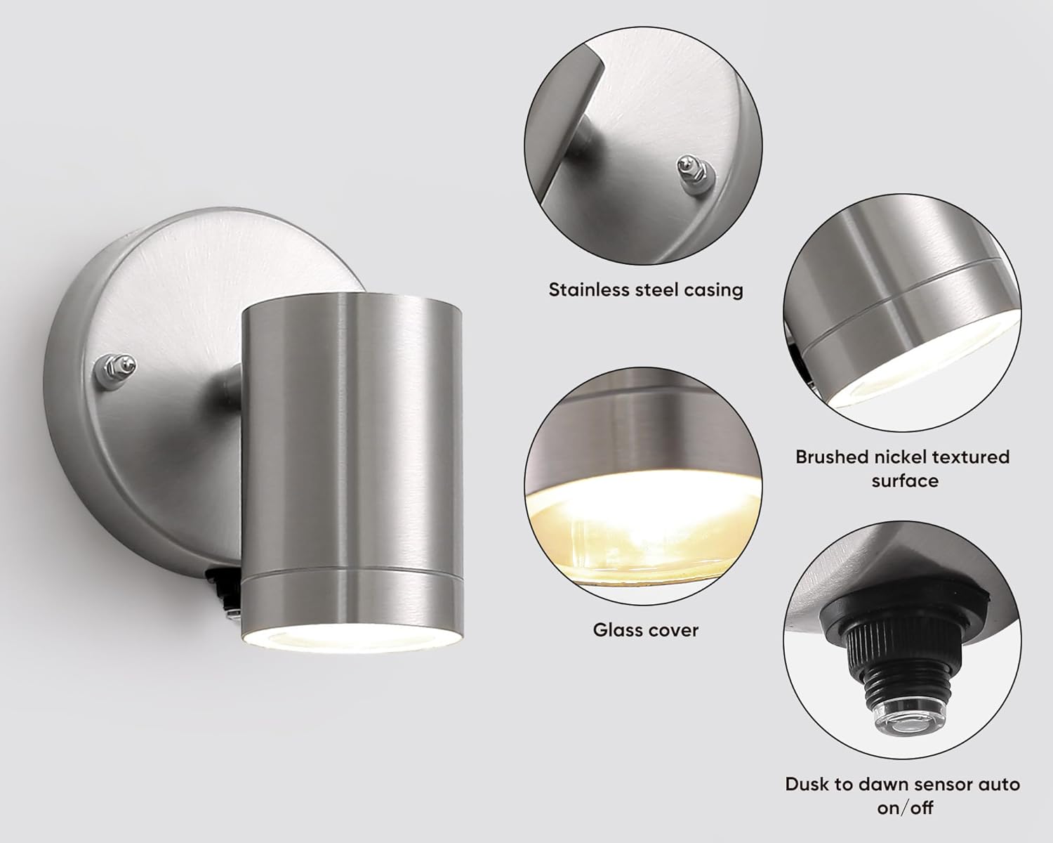 Outdoor Patio Lights 2 Packs, Brushed Nickel Porch Light with Dusk to Dawn Photocell Sensor, Aluminum Cylinder and Waterproof Glass Cover Integrated LED Wall Light for Porch, Entryway