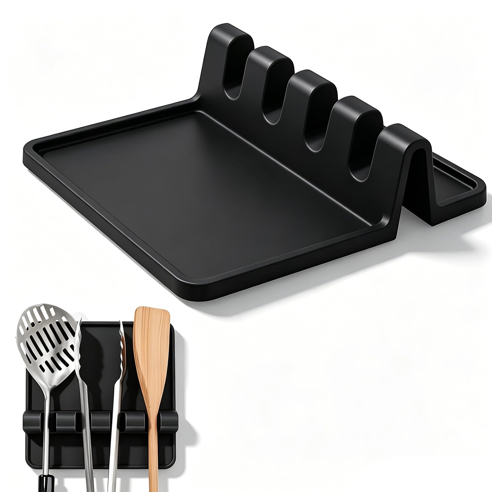 Vastsea Soporte para Cucharas de Cocina, Cuchara para Estufa, Silicona Reposa Cuchara, con Almohadilla de Goteo, para Cucharas, Palillos, Pinzas, Tenedor (Negro)
