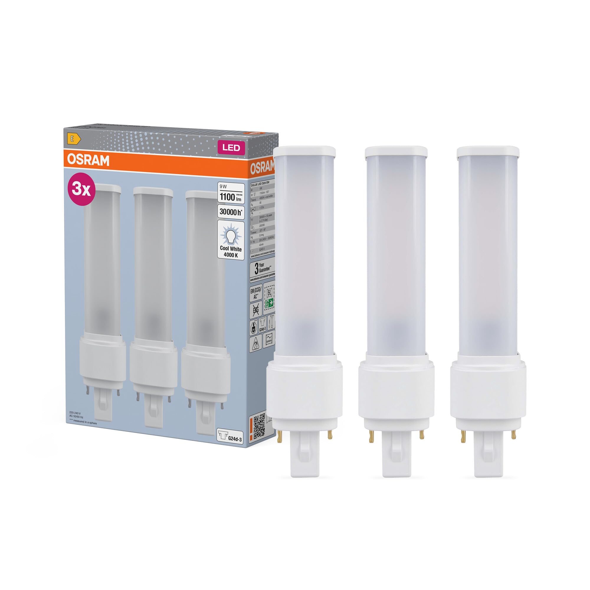 OSRAM Lámpara Compacta DULUX D26 LED 9W G24D-3 4000K | DULUX LED D26 EM & AC MAINS, LED Lamps, blanco, 35 mm dia, 30000 h, Paquete de 3