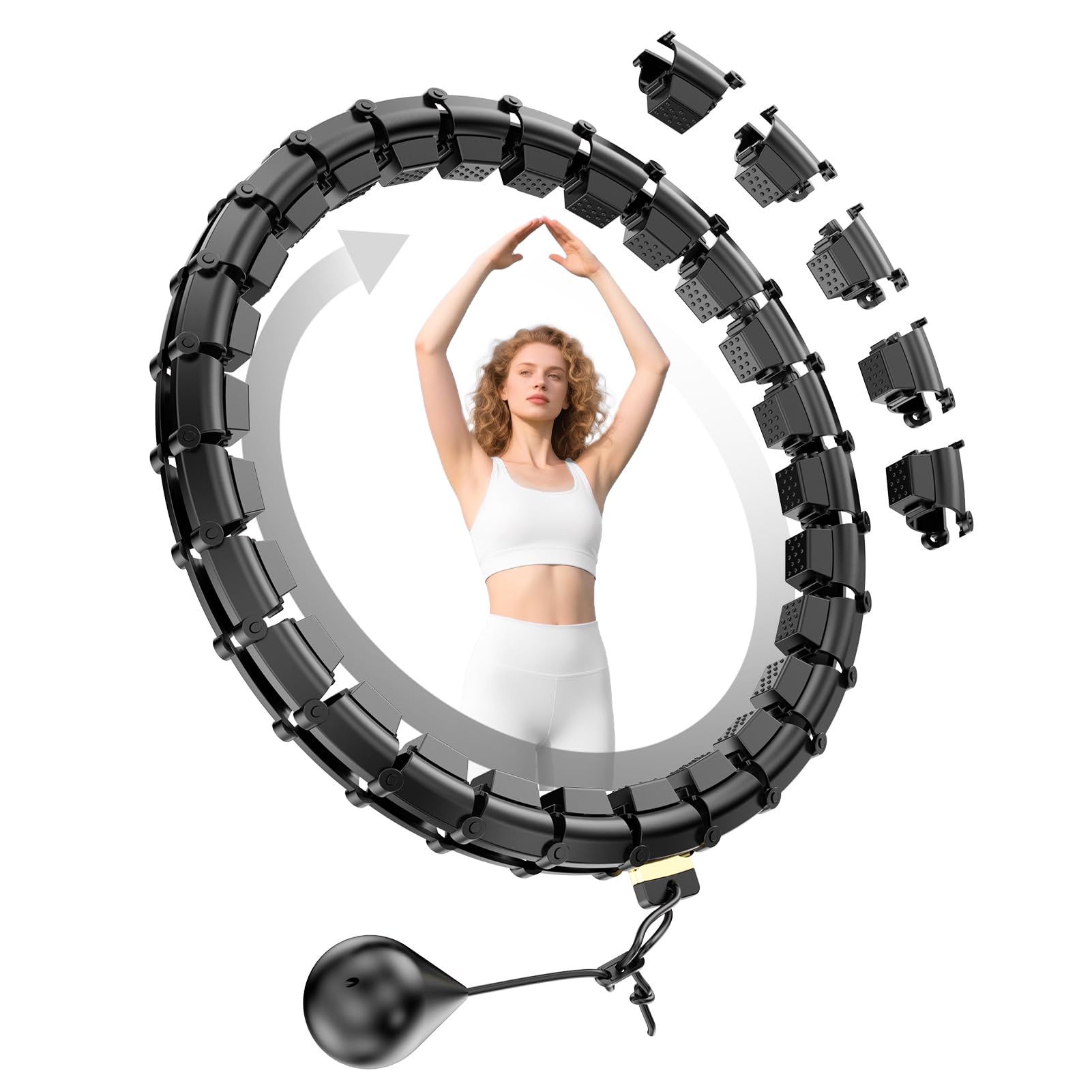 HOELLL 65 Inch Adjustable Weighted Hula Detachable Hoop for Adults Weight Loss, Plus Size Quiet Infinity Fitness Hoop with 32 Links, Non-Drop Funny Smart Exercise Hoops for Women and Beginners, Black