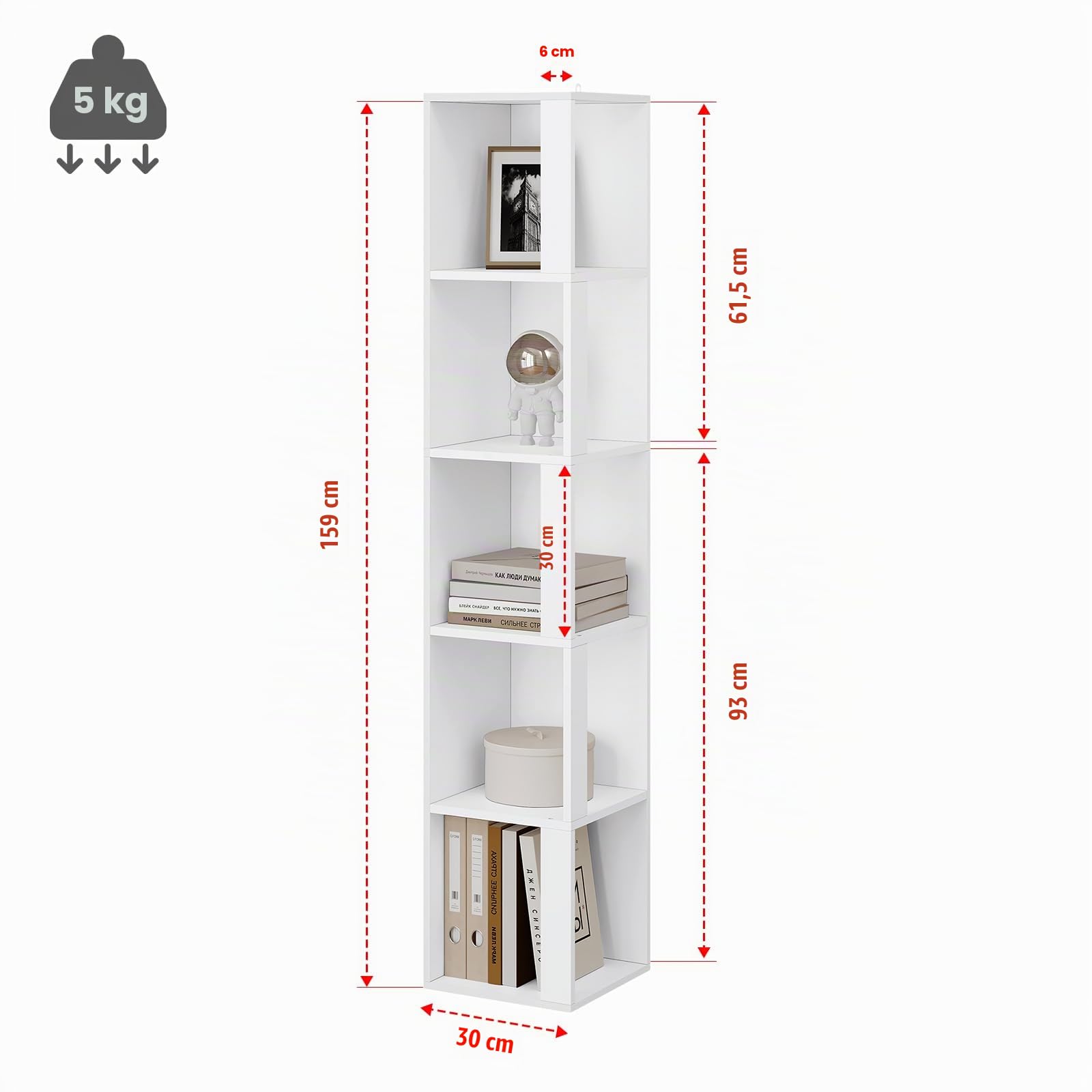 eSituro Libreria de 5 Niveles, Estanteria Vertical para Libros | Libreria Alta y Estrecha, Estanteria de Almacenamiento para Estudio, Oficina y Salón, Blanca, 30x159x30 cm