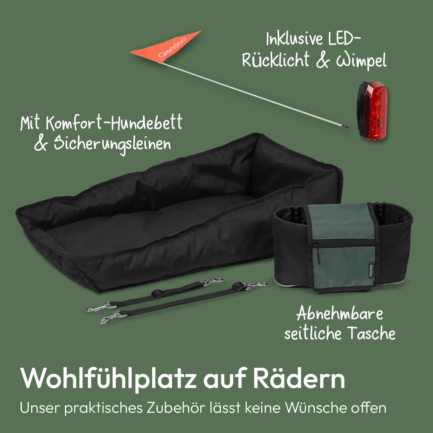 Qeridoo Nacho | Hundeanhänger für Fahrrad | Comfort für den Vierbeiner | Fahrradanhänger Hunde mit Buggy-Funktion | Hundefahrradanhänger mit Federung, Hundebett | Hundeanhänger | Bis 35 kg