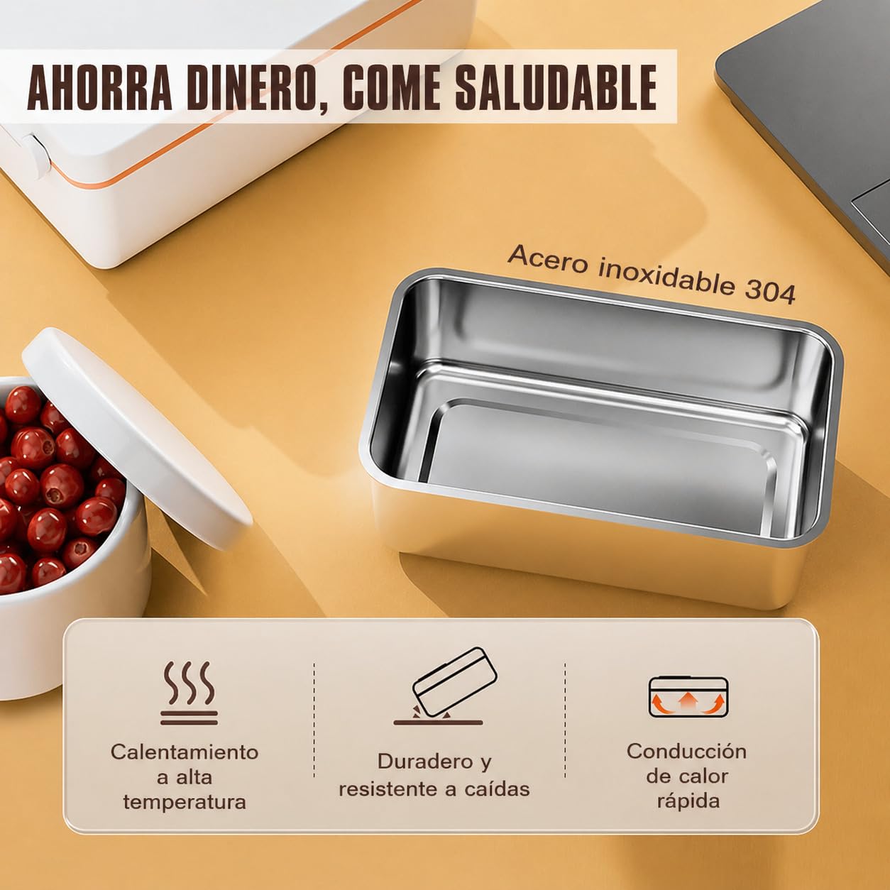 Fiambrera Eléctrica Inalámbrica con Batería 12000mAh 1L, Calentador de Comida Portátil Sin Cable, Taper Eléctrico con Acero Inoxidable, Pantalla y Temporizador, para Trabajo, Oficina, Coche, Camping
