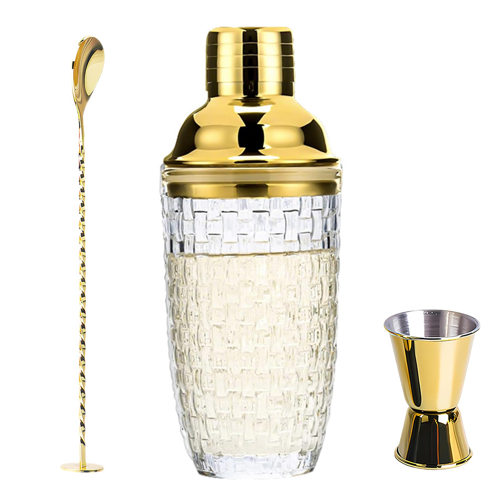 Shaker da Cocktail 400 ml, Set di shaker per cocktail in Acciaio inox e Vetro, Shaker con colino misurino e cucchiaio per casa, bar, vino, succhi di frutta misti, bevande (Oro-2)