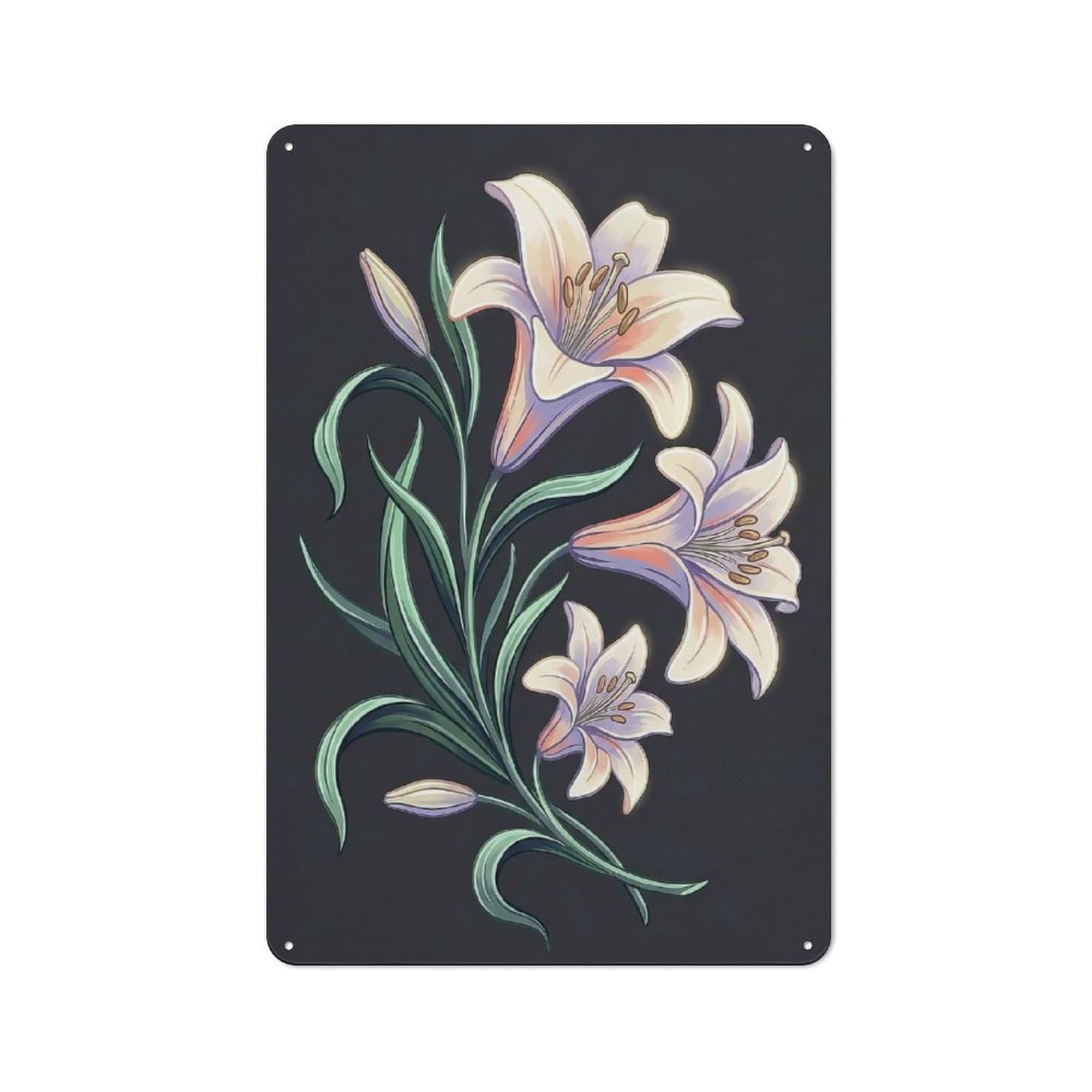Junmoney Style-6 Loft Style Elegant Lily Flower Arrangement Decorative Metal Plaque 30X20cm, Studio Wall Art For Workspace, Cafe, Hallway Or Garage