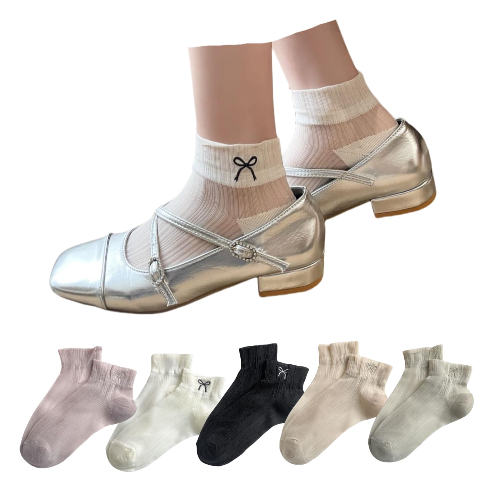 Bow Socks Women No-Show Socks 5 Pairs 5 Colors Cute Boat Sock Preppy Breathable Low Cut Sock