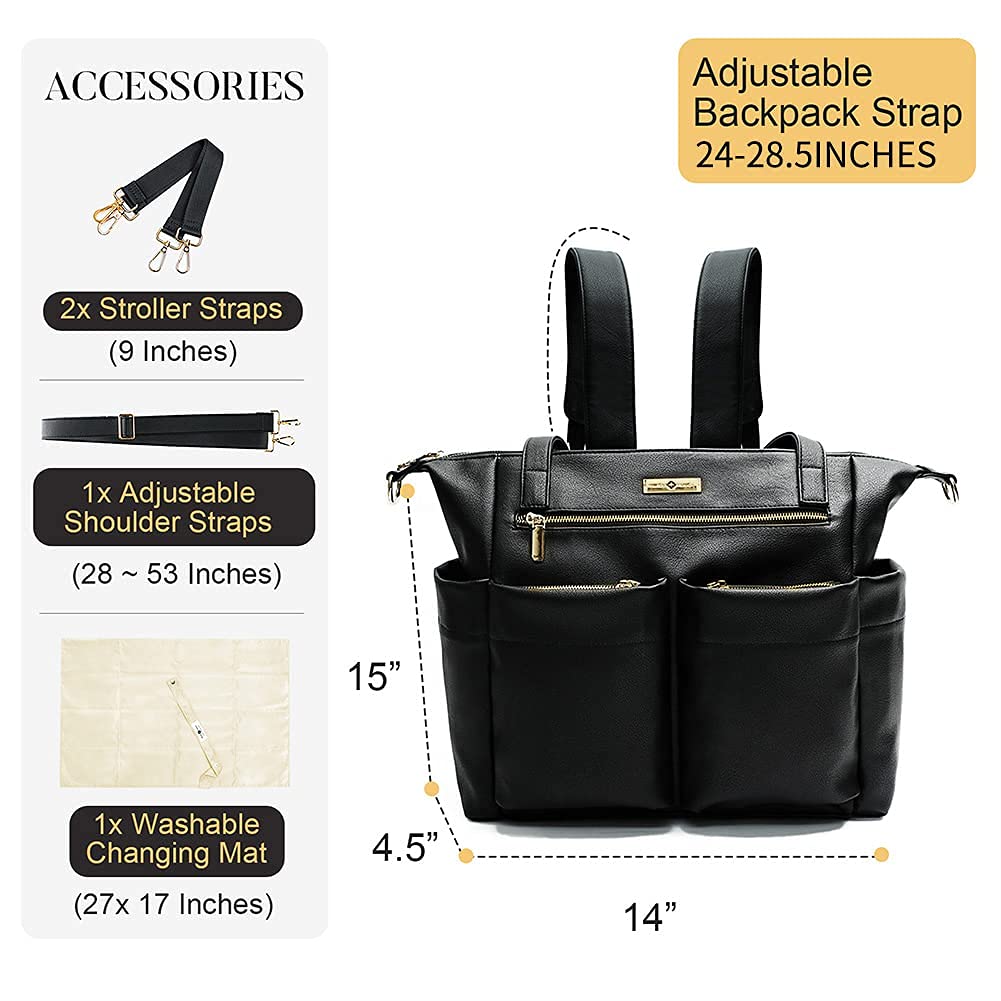 MISS FONG Baby-Wickeltasche, Wickelrucksack, Leder, Wickeltasche mit Wickelunterlage und Kinderwagengurten für Schwangerschaft, Mama und Papa, Schwarz